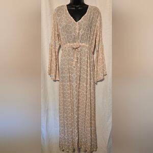 Boho Cream Tan And Pink  Geometric Long Sleeve Lightweight Dress Bell Sleeves